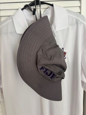 FIGI gear!!  NWT White Polo Shirt with Embroidered Crest & grey logo bucket hat